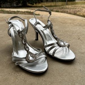 Michaelangelo Meg Silver Strappy Rhinestone Heels